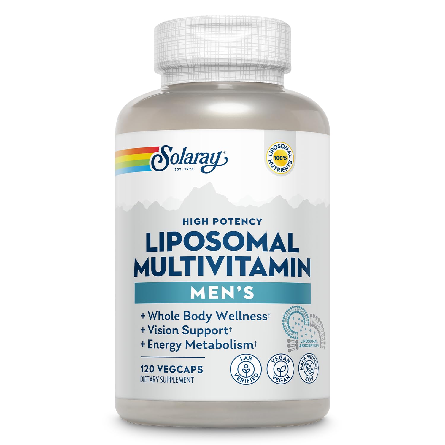 SOLARAY Liposomal Multivitamin for Men bottle shown for daily use and accessibility