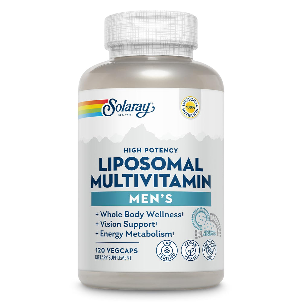 SOLARAY Liposomal Multivitamin for Men bottle shown for daily use and accessibility