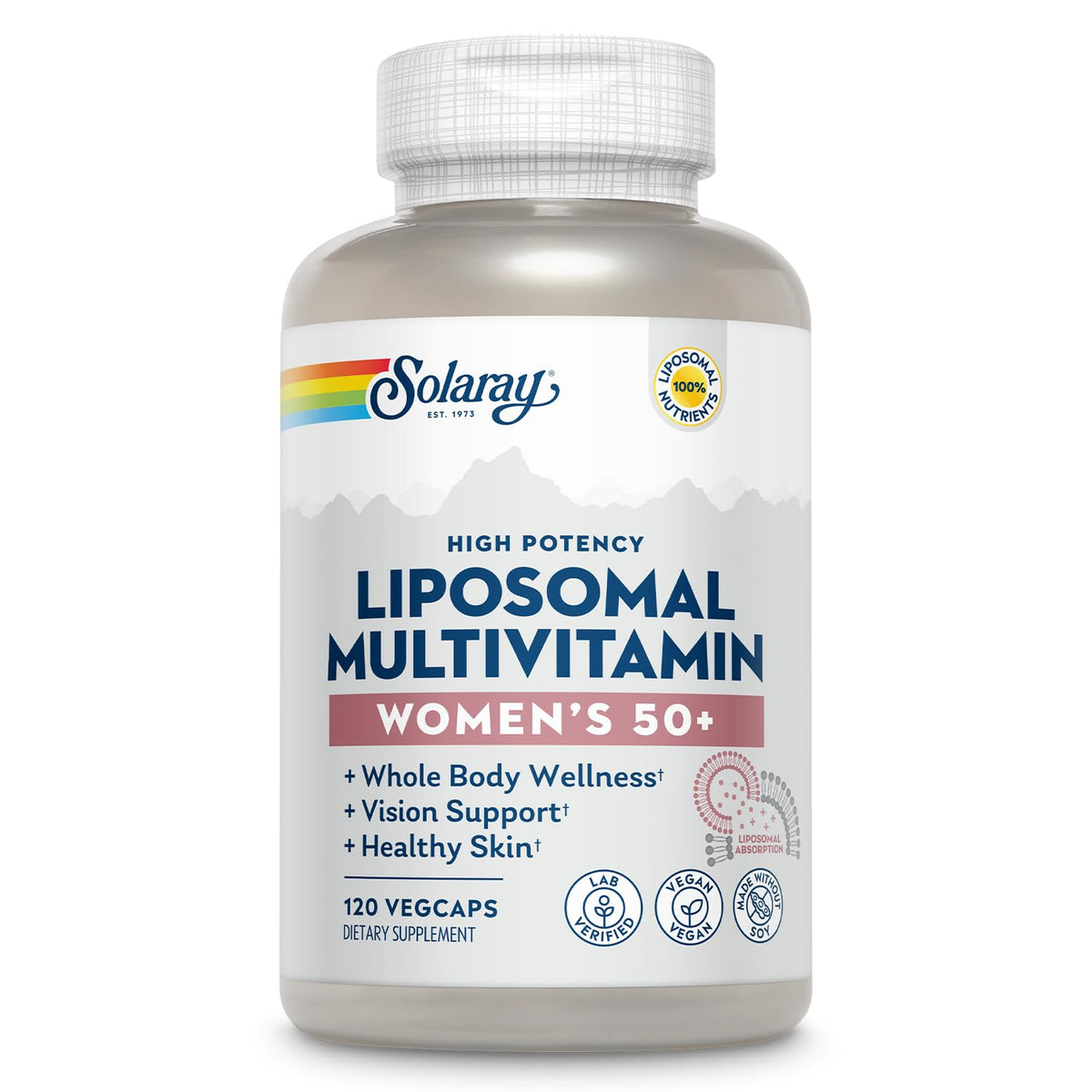 SOLARAY Liposomal Multivitamin for Women 50 Plus bottle highlights high-absorption nutrients for daily wellness.