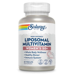 SOLARAY liposomal multivitamin for women 50+ bottle highlighting 60 vegan capsules for daily wellness