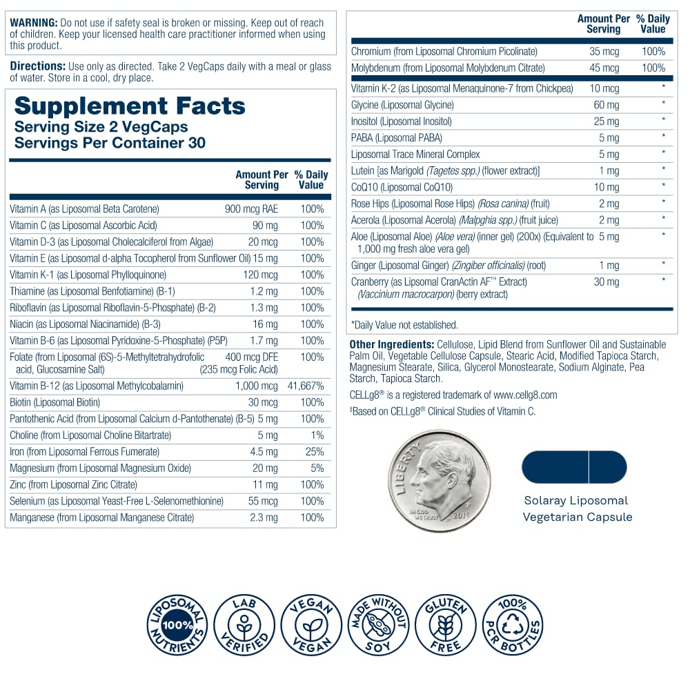 SOLARAY liposomal multivitamin capsules close-up showing vegan softgels for easy absorption