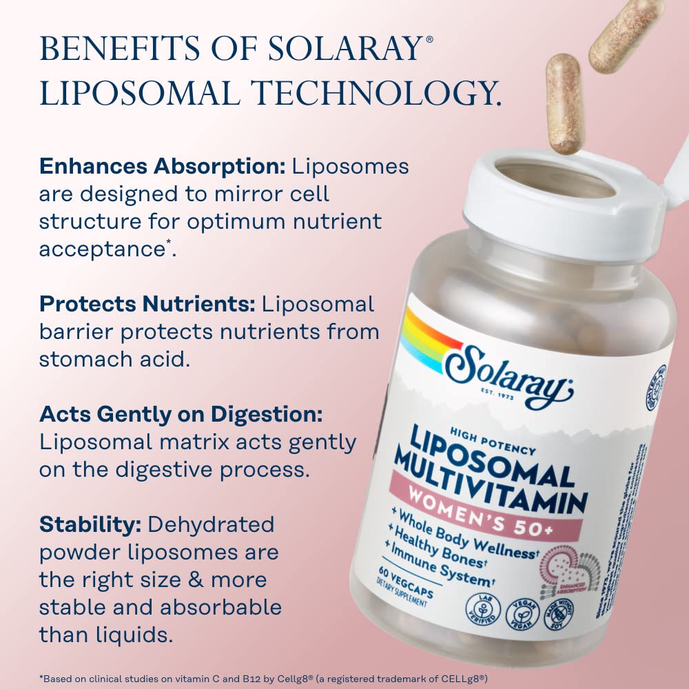 SOLARAY Liposomal Multivitamin for Women 50 Plus ingredients panel highlights vitamin C, D3, K2 and more.