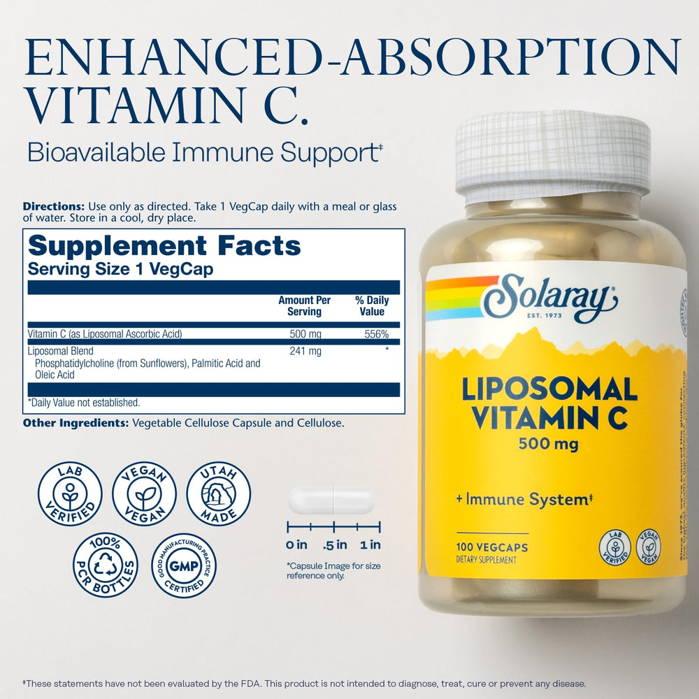 Solaray Liposomal Vitamin C absorption graphic illustrating improved uptake with liposomal delivery