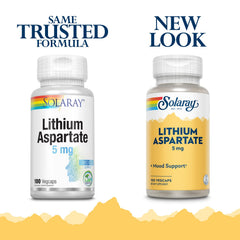 SOLARAY Lithium Aspartate 5 mg bottle, convenient daily capsule supply for wellness routine.