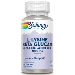 Solaray L-Lysine Beta Glucan 1000 mg bottle for immune support and skin health.