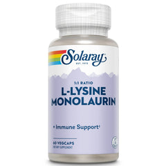 Solaray L-Lysine Monolaurin bottle highlights immune support potential.