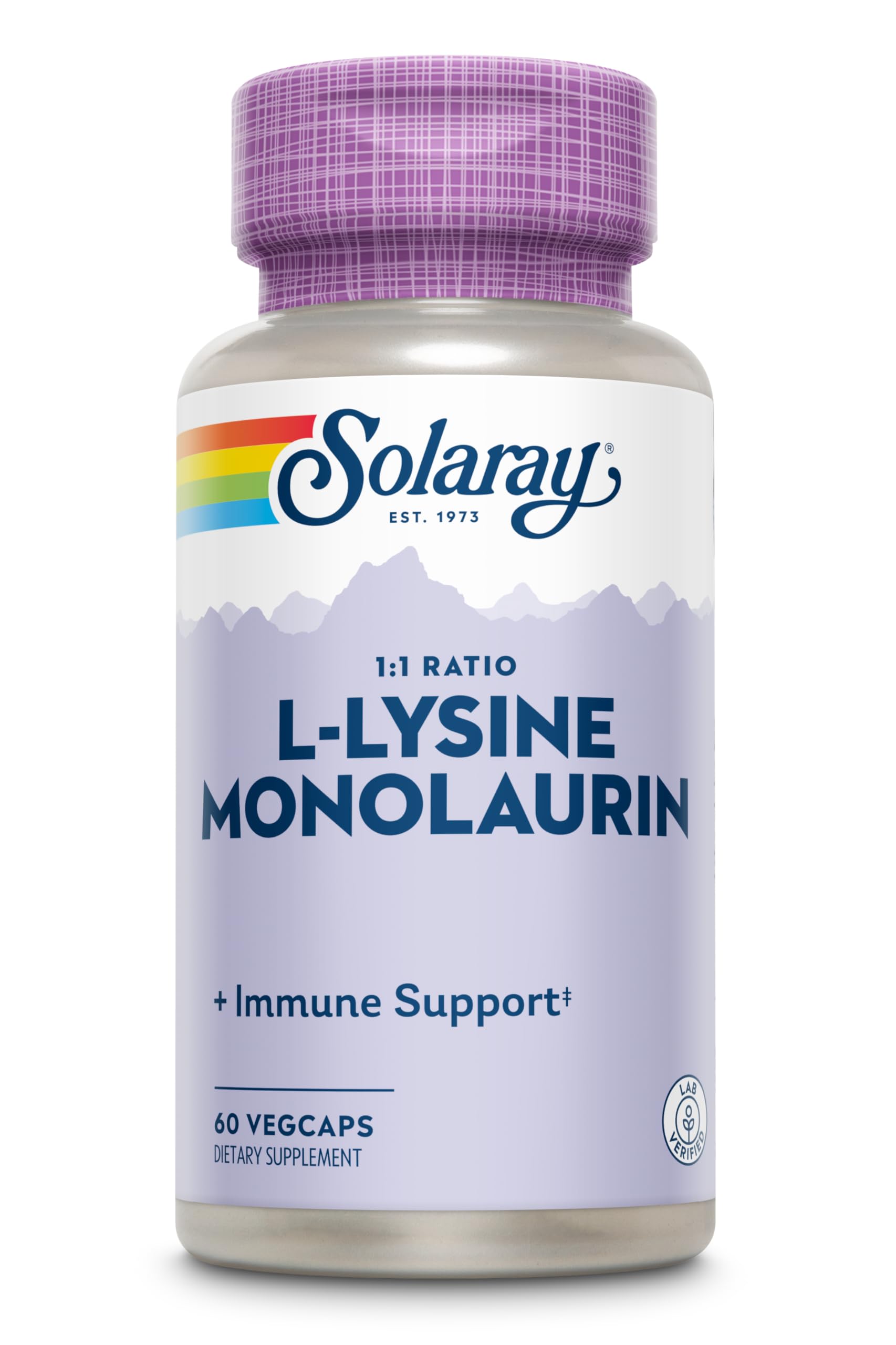Solaray L-Lysine Monolaurin ingredient closeup focuses on key actives.