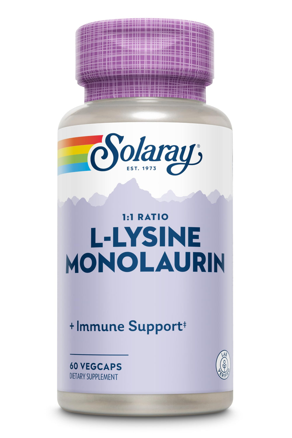 Solaray L-Lysine Monolaurin ingredient closeup focuses on key actives.