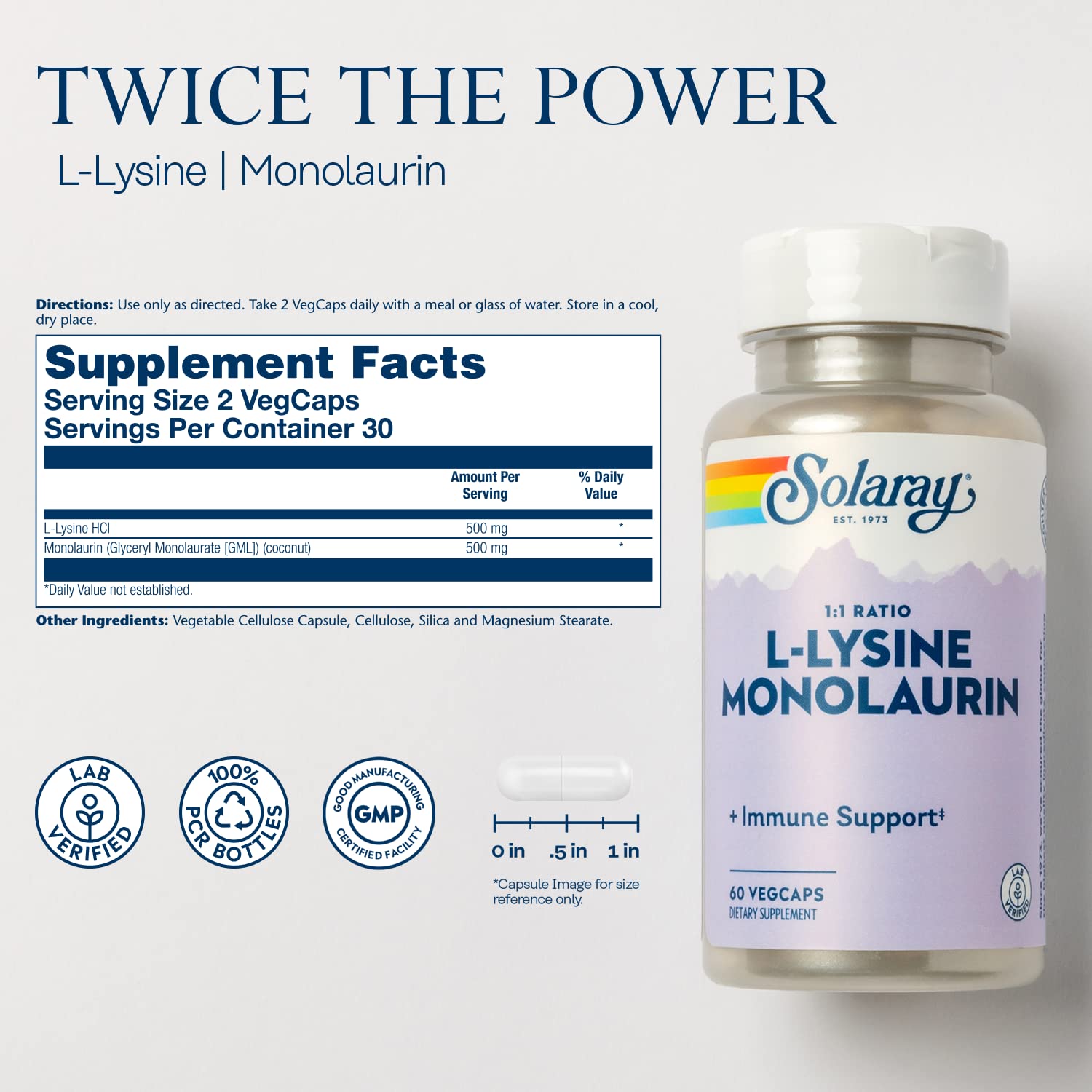 Solaray L-Lysine Monolaurin label emphasizes the 2-in-1 formula.