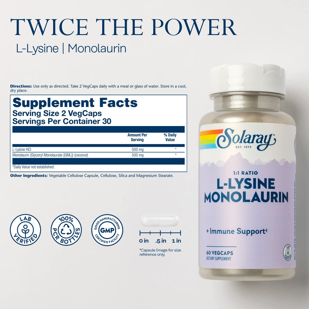 Solaray L-Lysine Monolaurin label emphasizes the 2-in-1 formula.