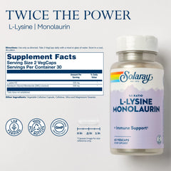 Solaray L-Lysine Monolaurin label emphasizes the 2-in-1 formula.