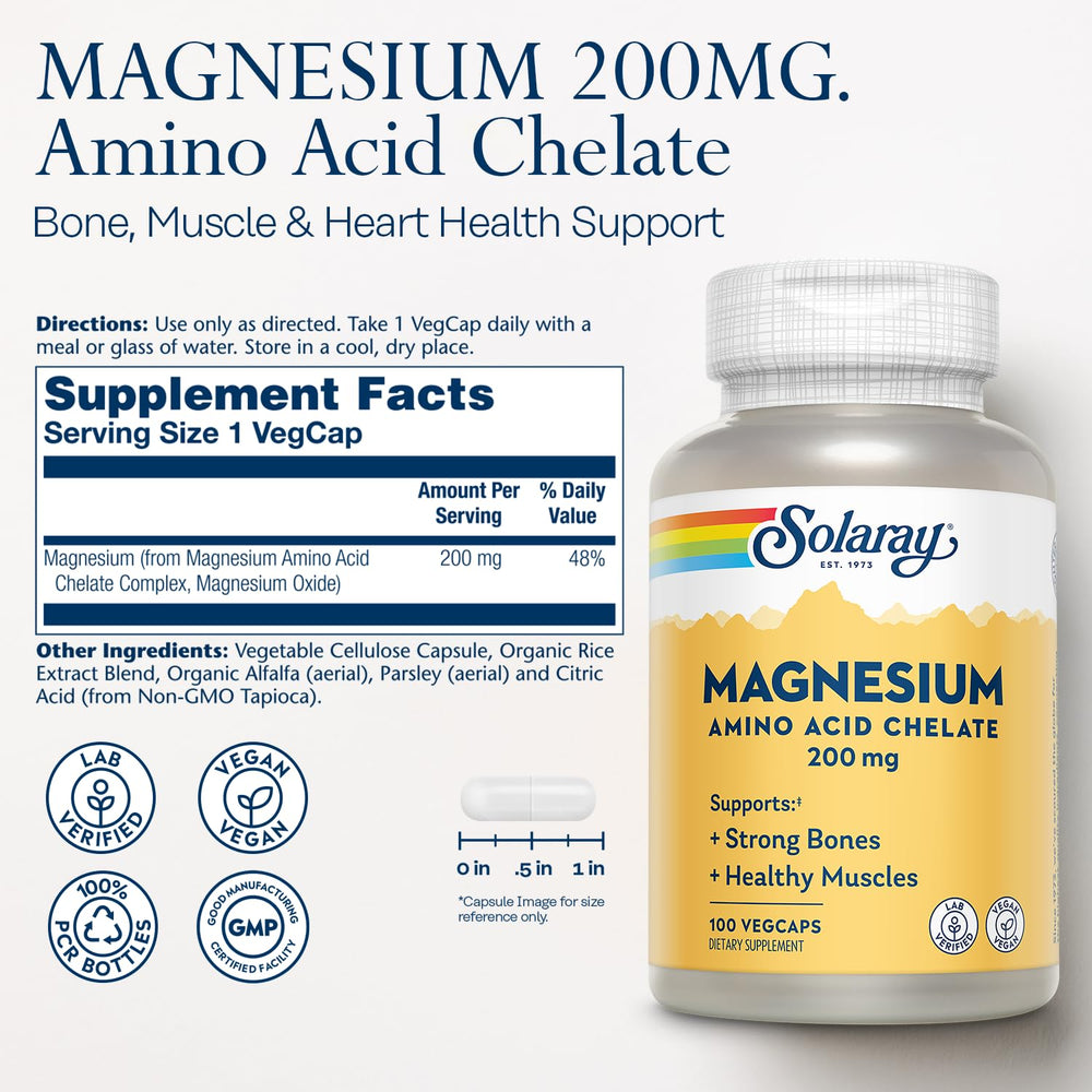 Solaray Magnesium Amino Acid Chelate bottle back listing ingredients for absorption