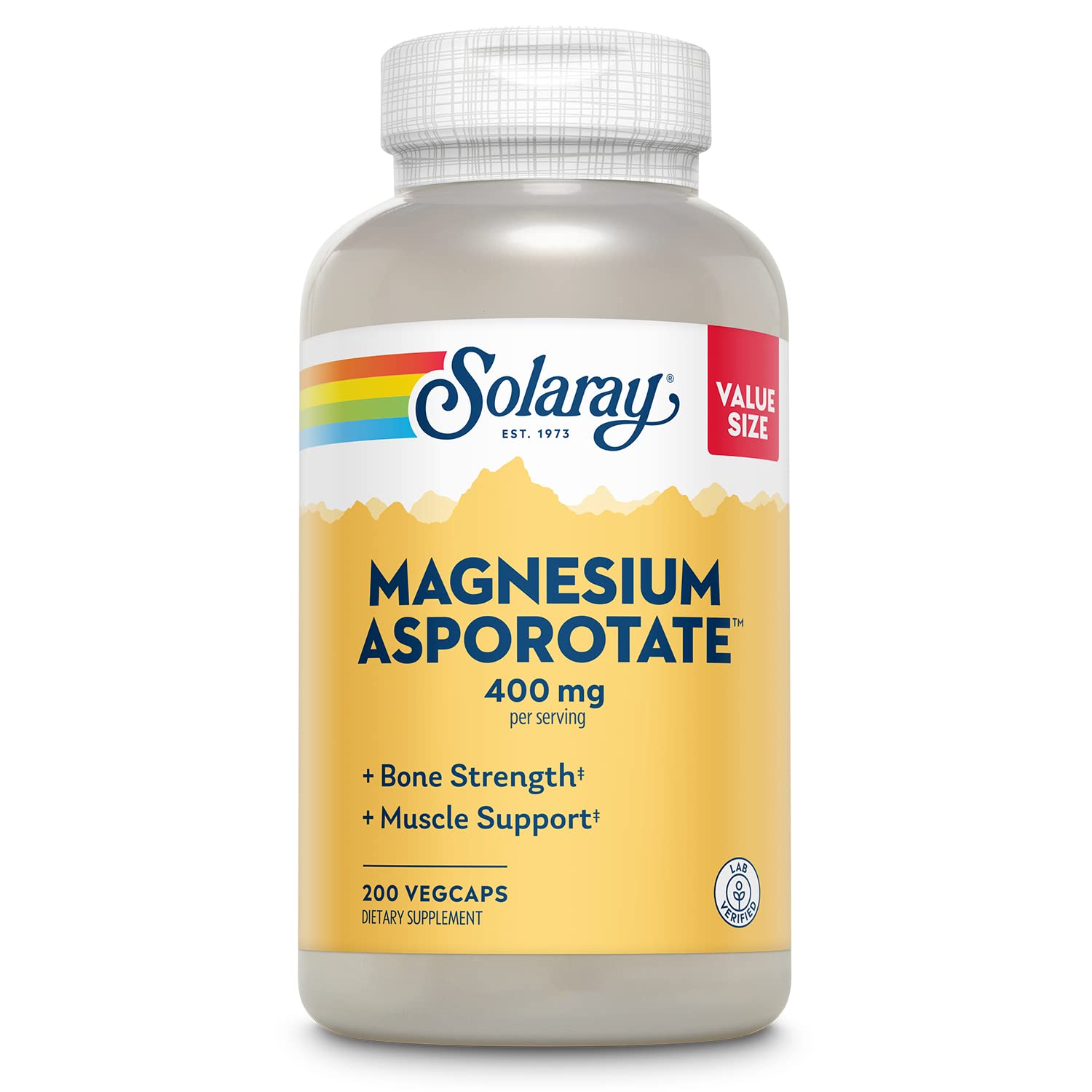 SOLARAY Magnesium Asporotate 400 mg bottle on shelf highlights high-absorption mineral formula for better uptake.