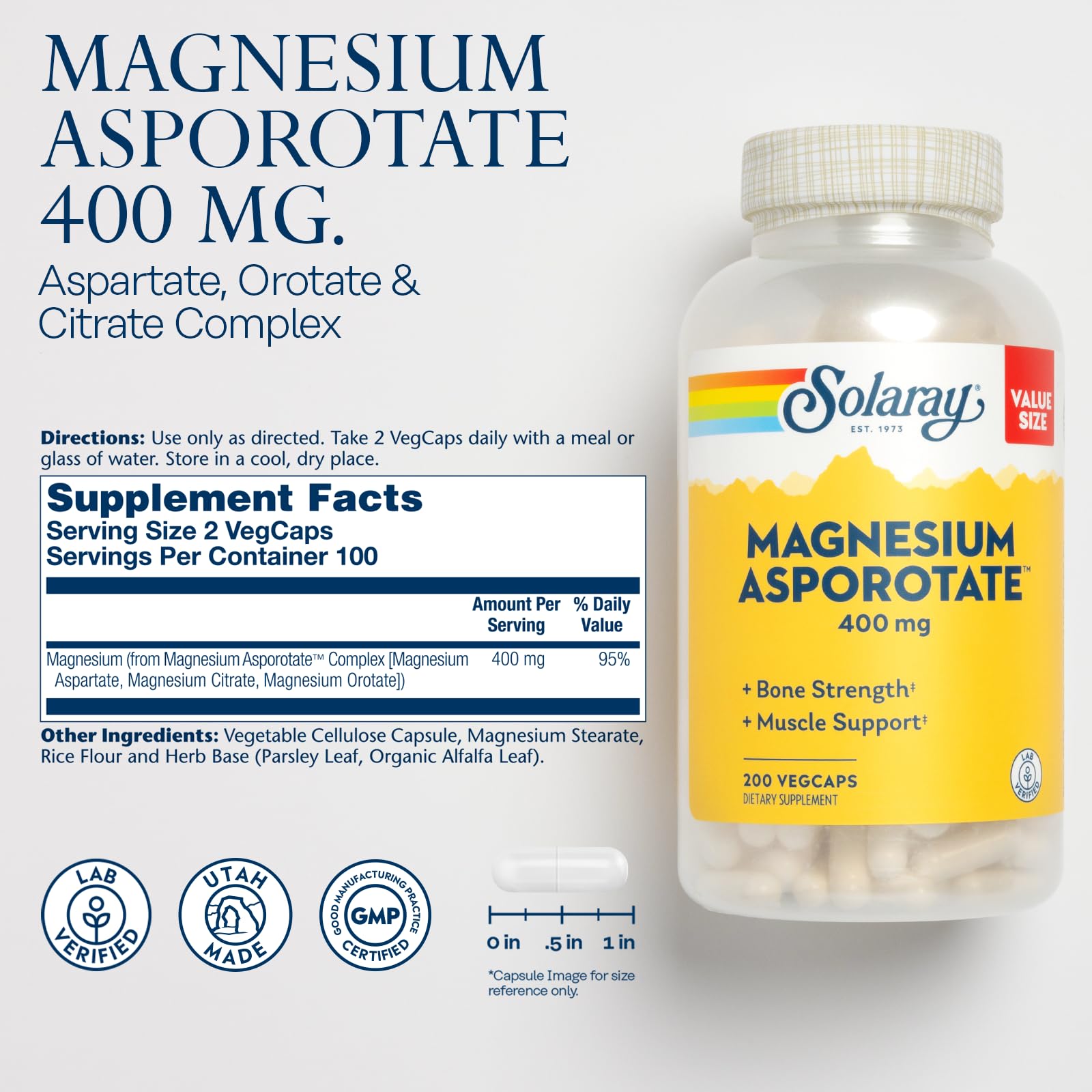 SOLARAY Magnesium Asporotate capsules close-up shows rounded capsules and smooth texture for easy swallowing.
