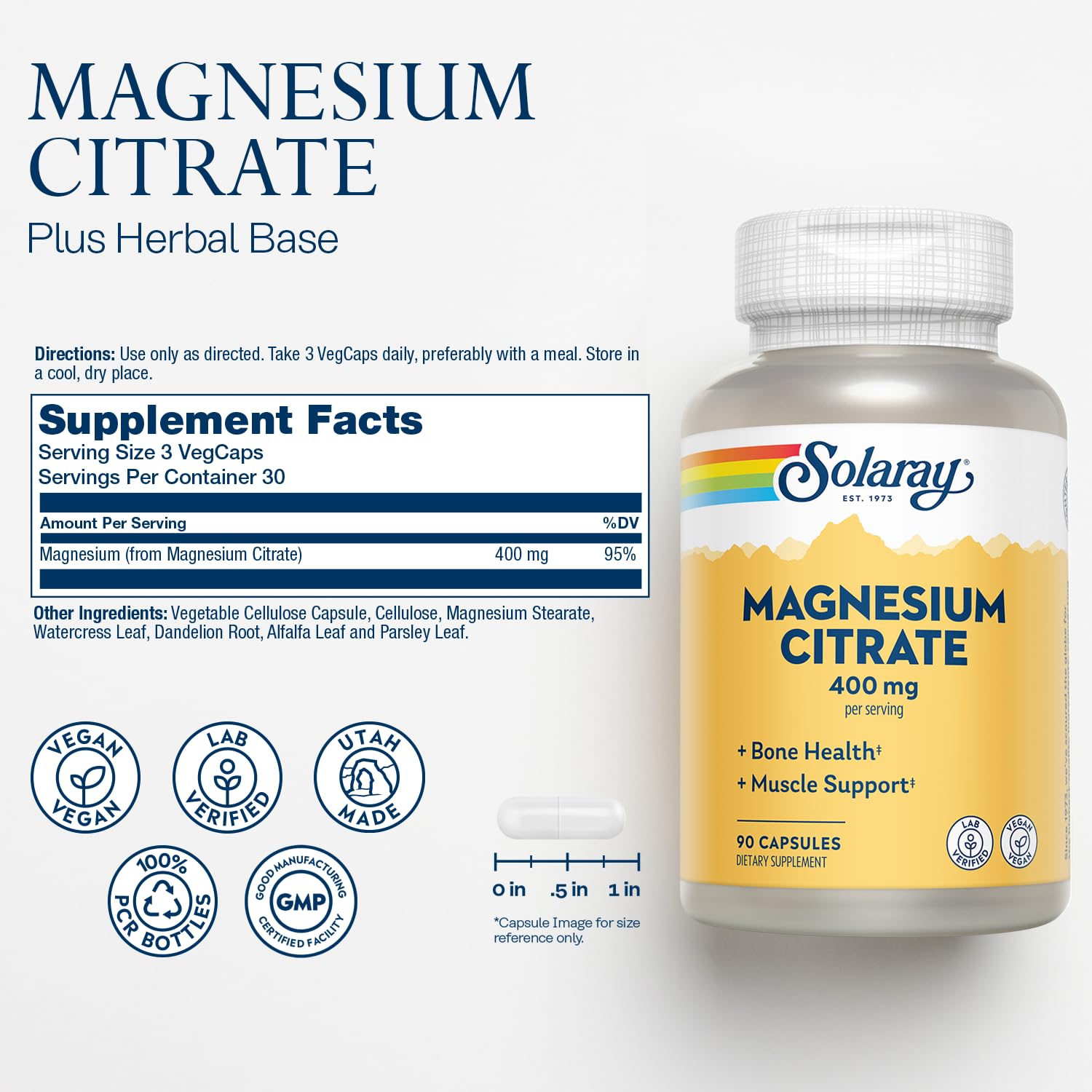 SOLARAY Magnesium Citrate 400mg capsules closeup - smooth texture supports easy swallowing and absorption.