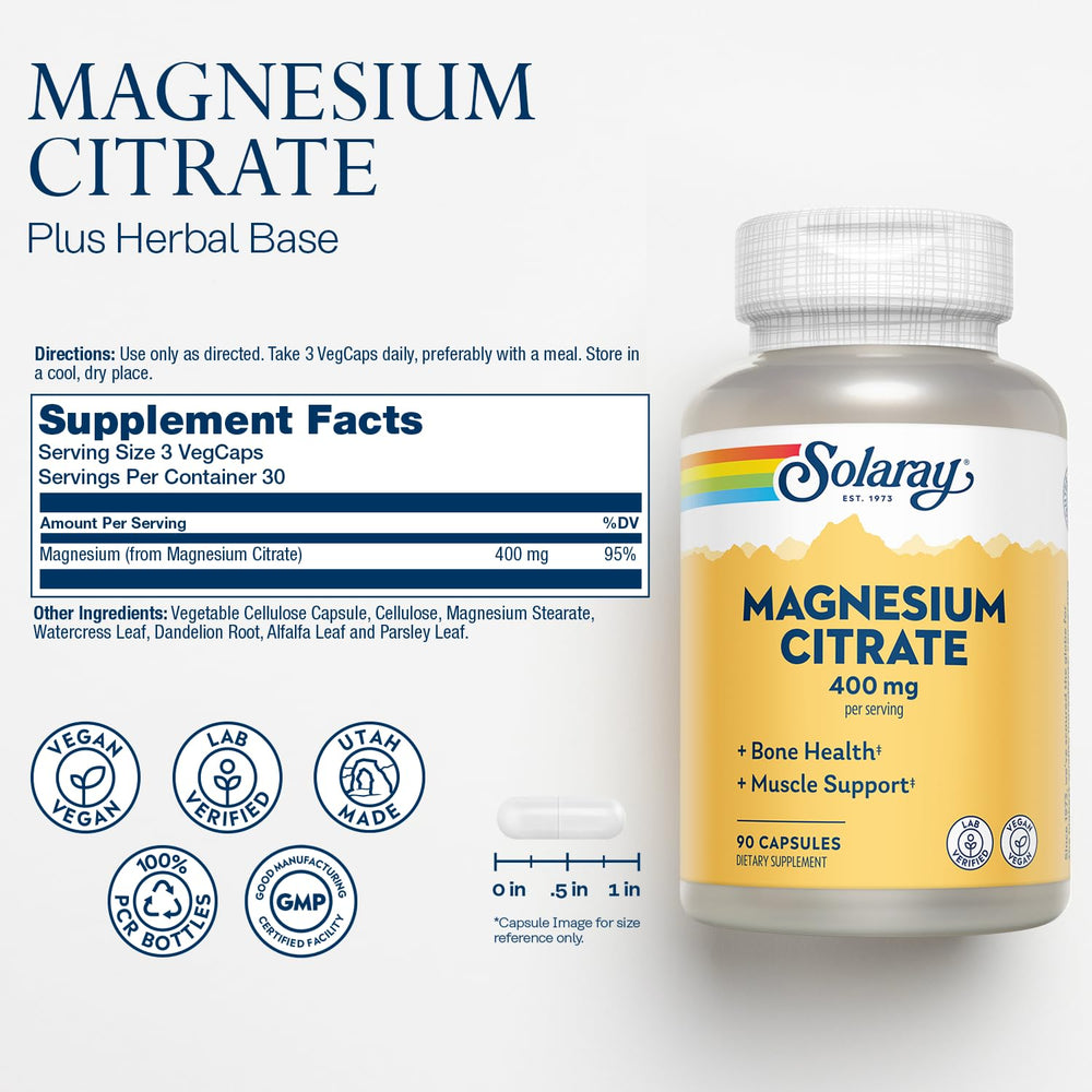 SOLARAY Magnesium Citrate 400mg capsules closeup - smooth texture supports easy swallowing and absorption.