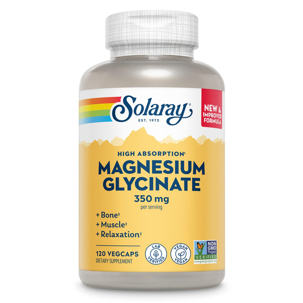 SOLARAY magnesium glycinate bottle on shelf highlights vegan, high-absorption formula.