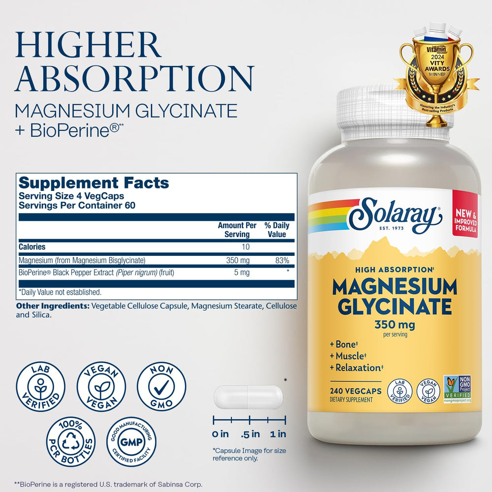 Solaray Magnesium Glycinate capsules close-up showing gentle digestion benefits.