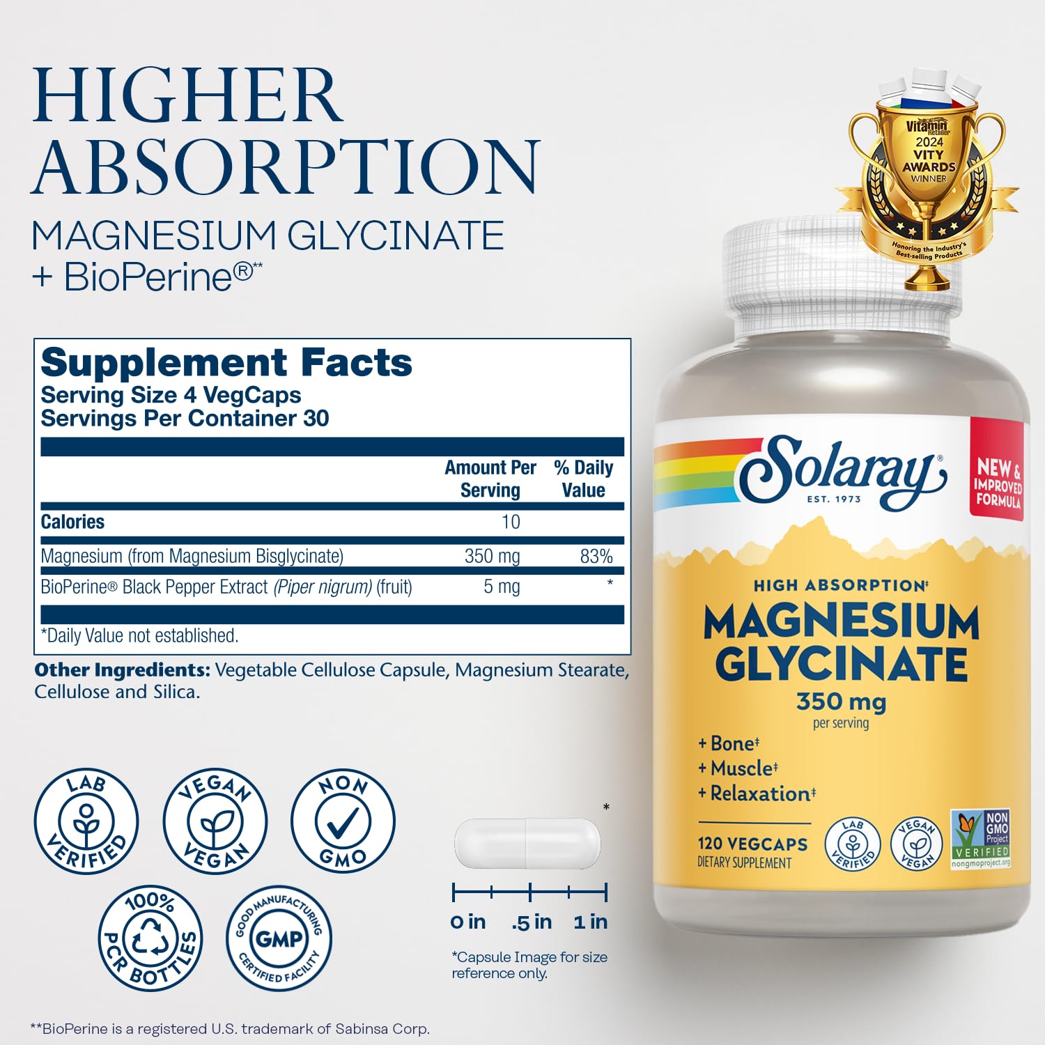 SOLARAY magnesium glycinate capsules close-up showing even capsules for daily use.
