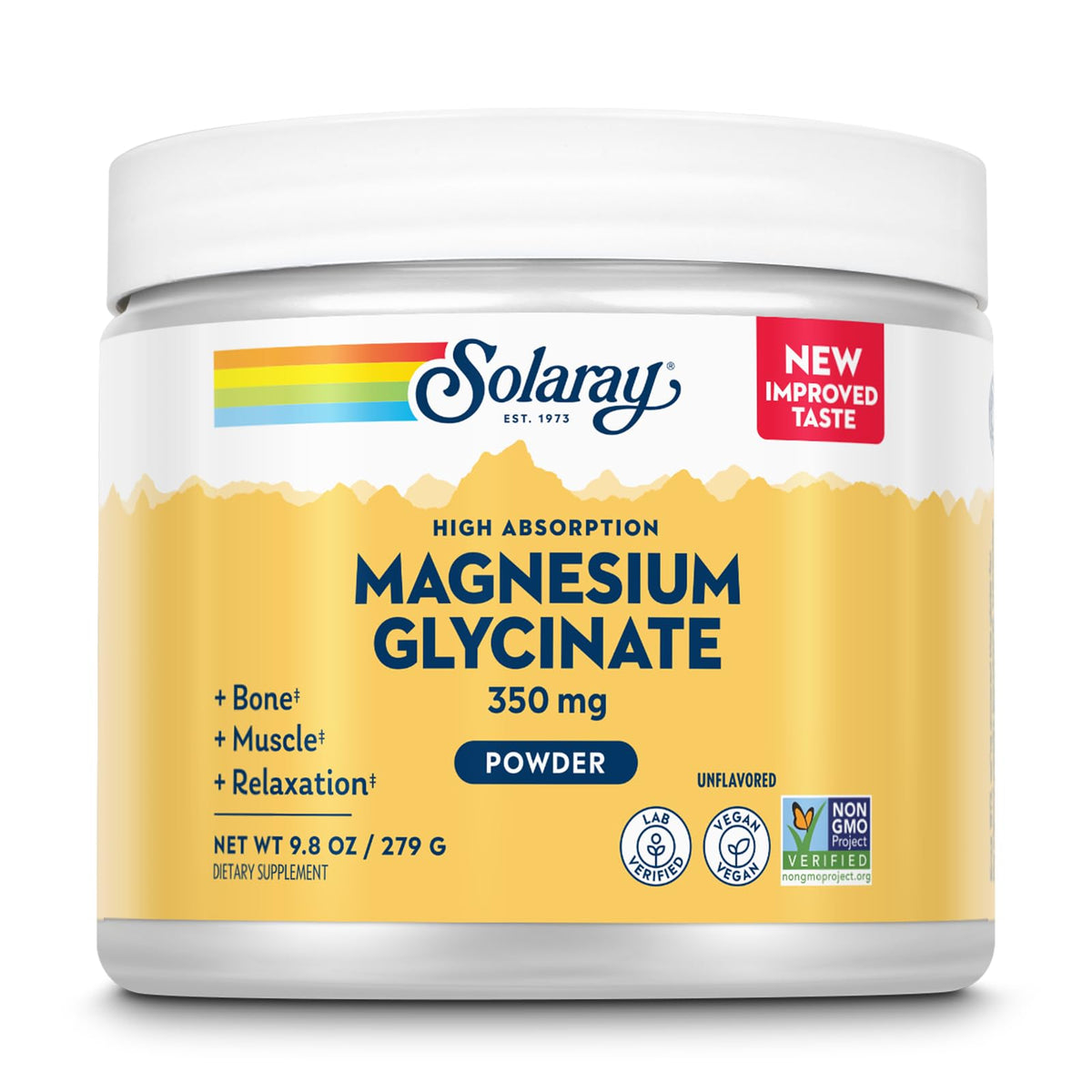 SOLARAY Magnesium Glycinate Powder bottle—unflavored formula for easy daily mixing and absorption.