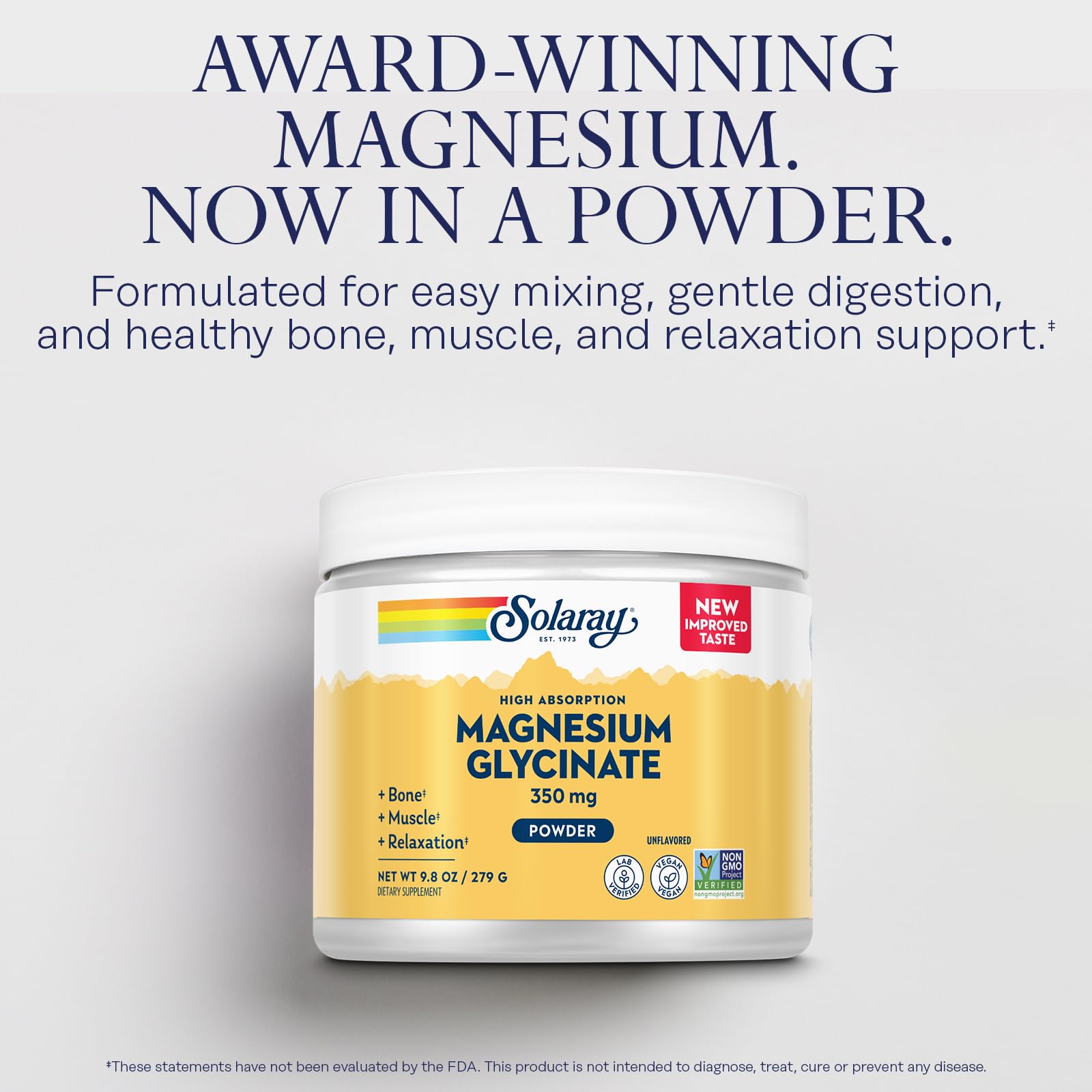 SOLARAY Magnesium Glycinate Powder dissolves in water, convenient for night-time routines.