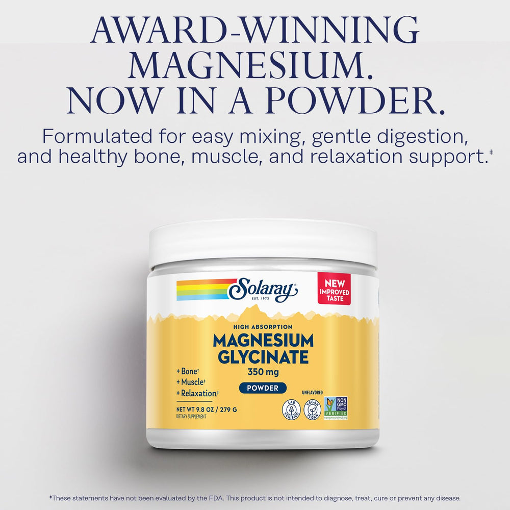 SOLARAY Magnesium Glycinate Powder dissolves in water, convenient for night-time routines.