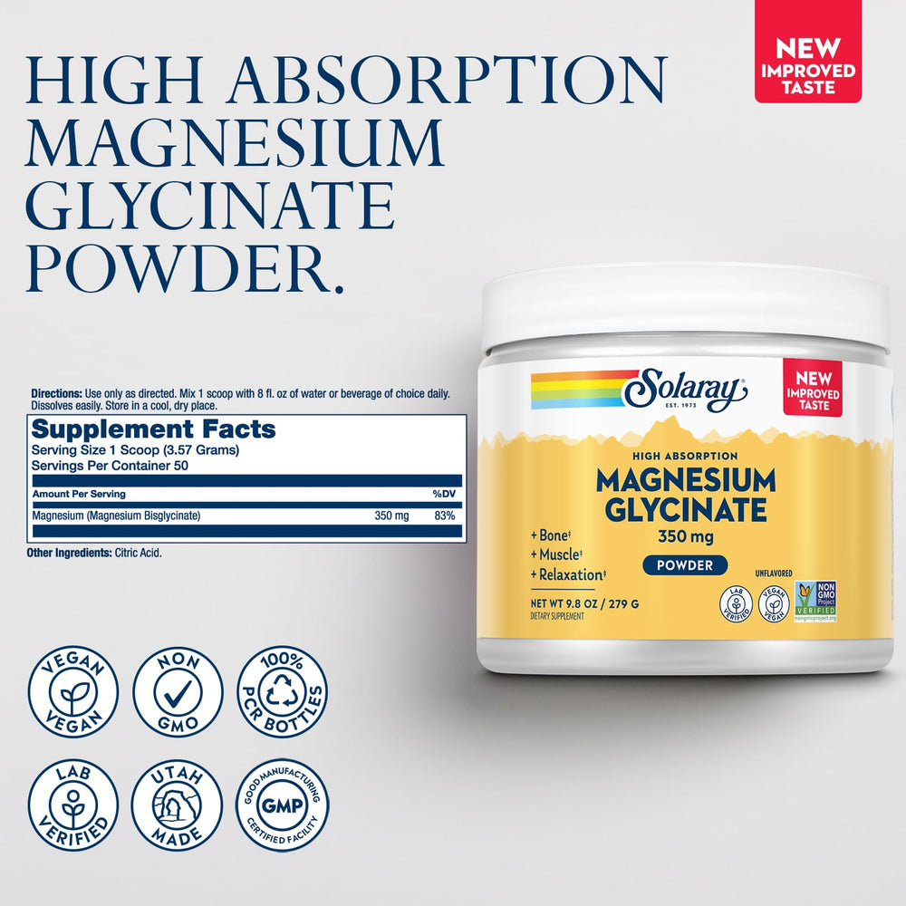 SOLARAY Magnesium Glycinate Powder scoop—measuring precise 350 mg per serving for consistency.