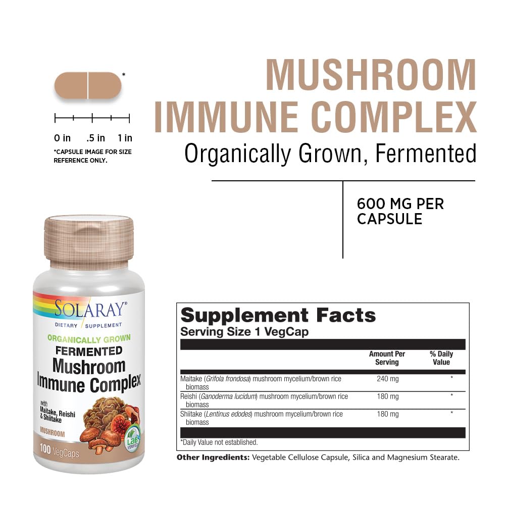 SOLARAY Maitake, Reishi, Shiitake capsules ready for convenient daily use.
