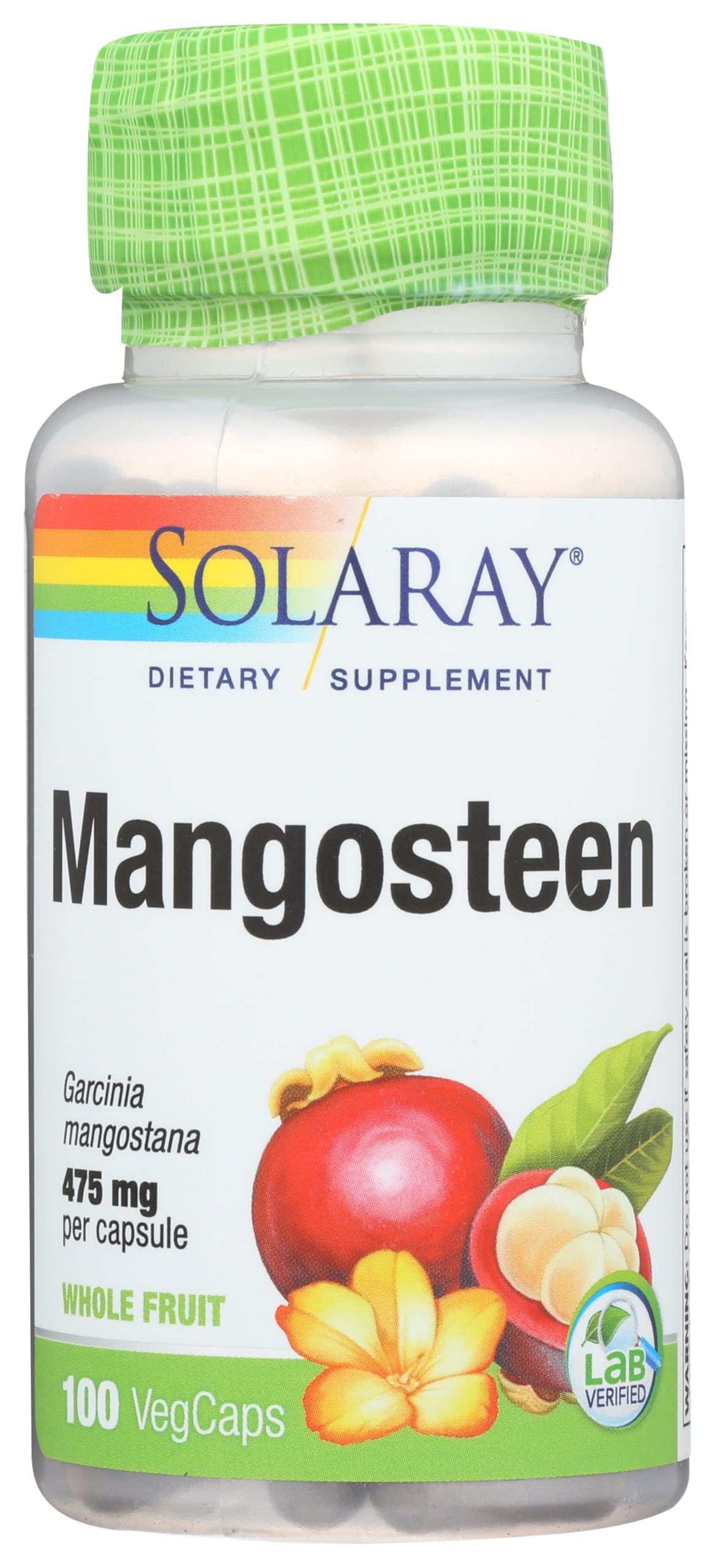 SOLARAY Mangosteen bottle displays vegan capsules for daily antioxidant support