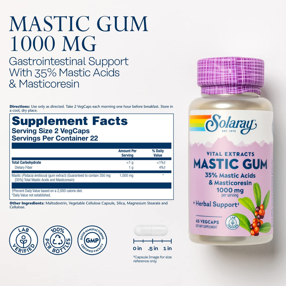 SOLARAY Mastic Gum Extract label close-up emphasizing 35% mastic acid content.