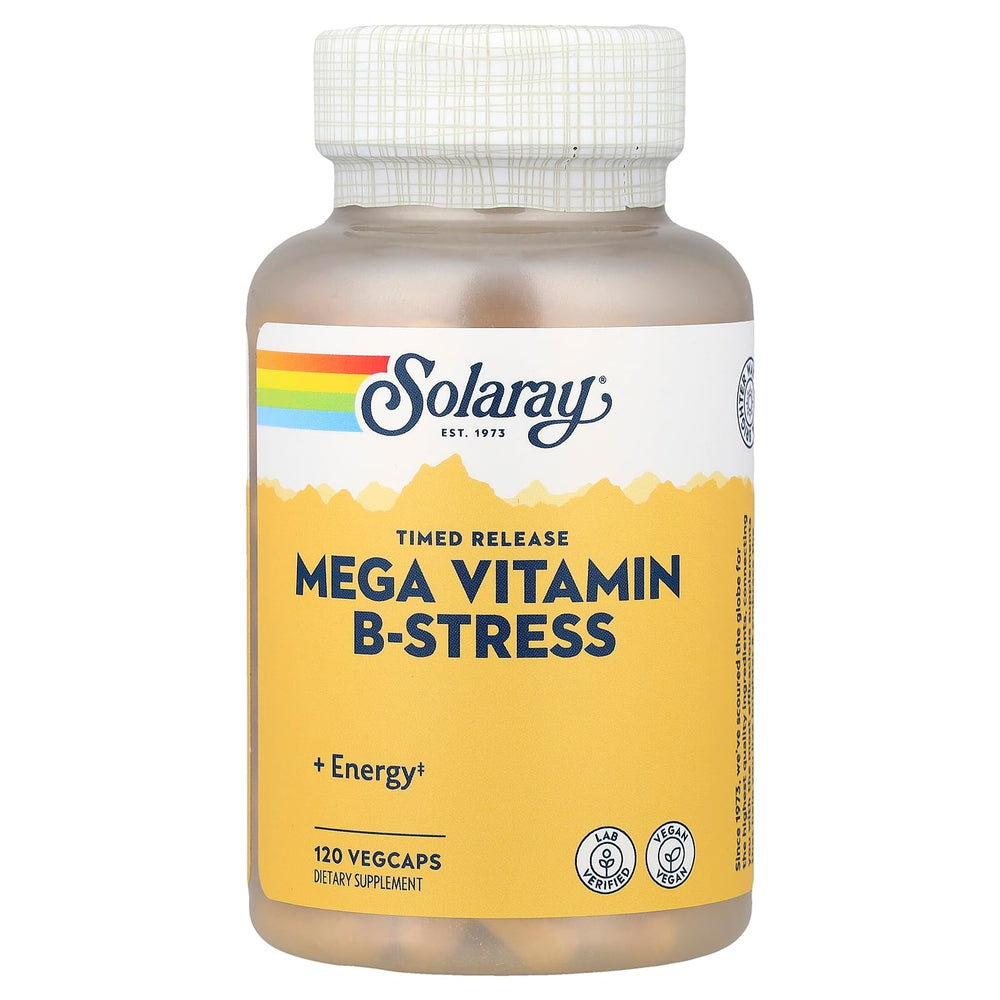 SOLARAY Mega B Stress bottle with two-stage release capsules for daily support.