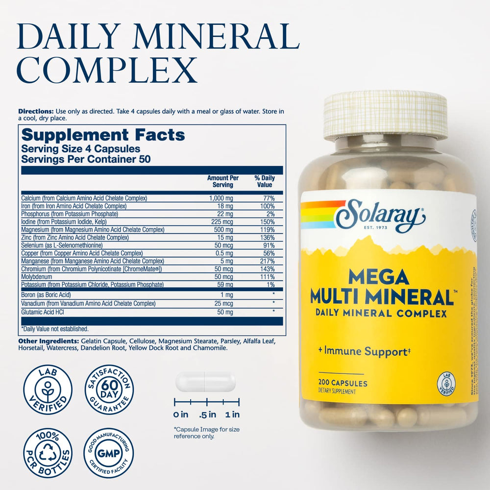 Solaray Mega Multi Mineral capsules close-up highlighting absorbable minerals in chelated form