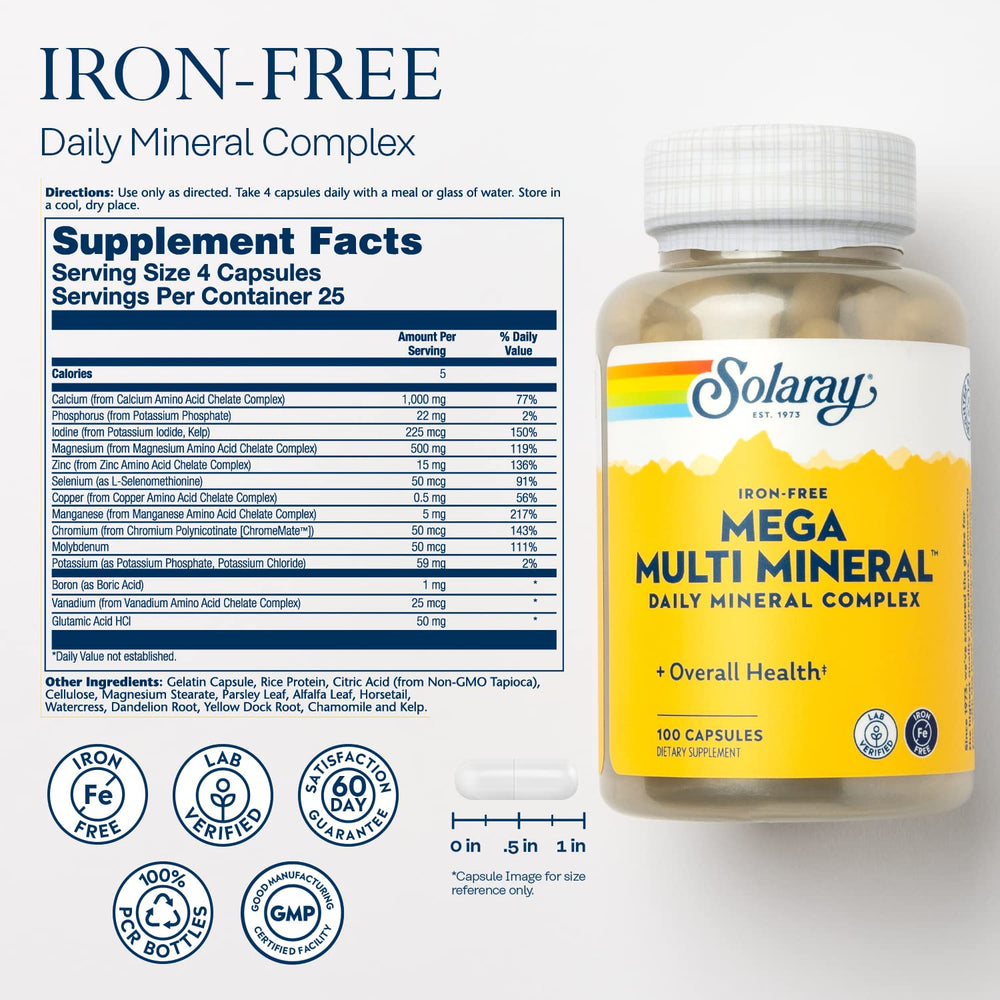 Solaray Mega Multi Mineral bottle back with label details and minerals information.