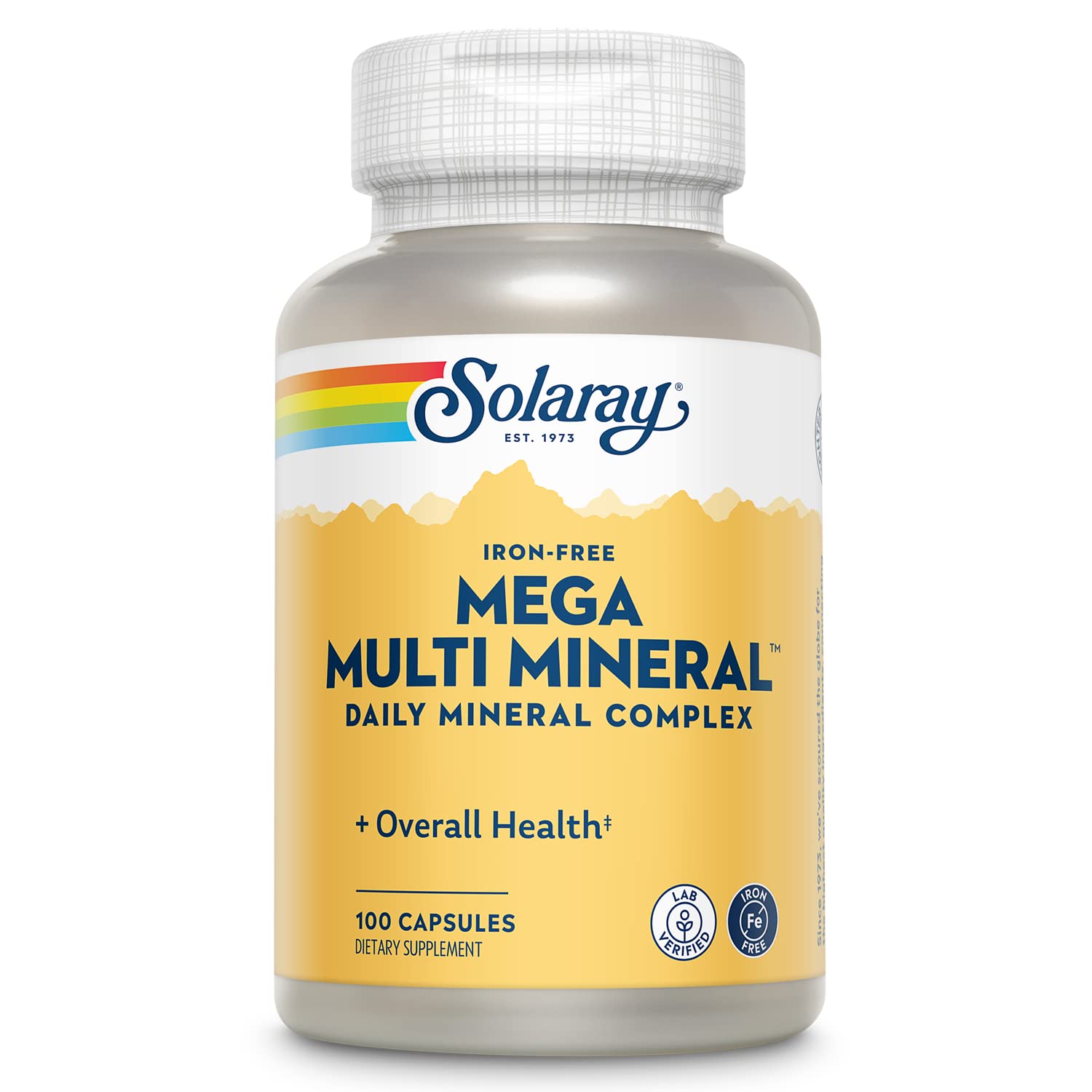 Solaray Mega Multi Mineral bottle front showing iron-free mineral blend for daily wellness.