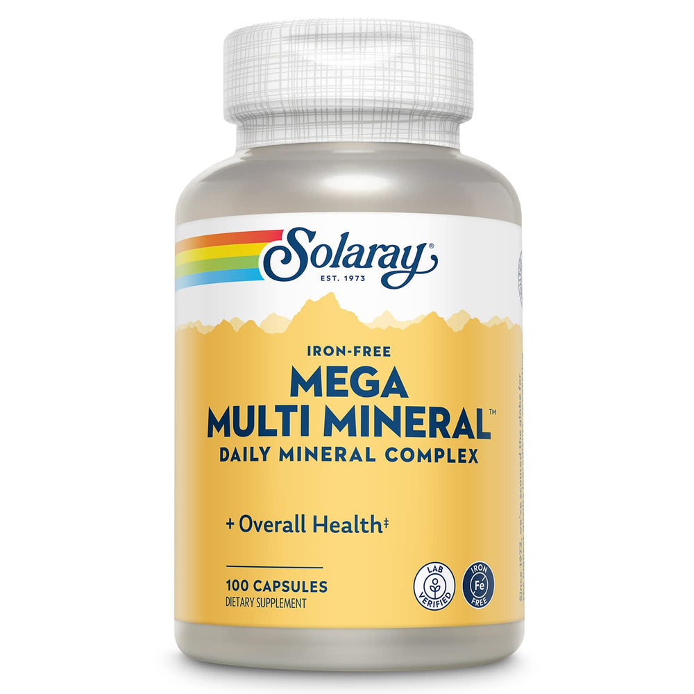 Solaray Mega Multi Mineral bottle front showing iron-free mineral blend for daily wellness.