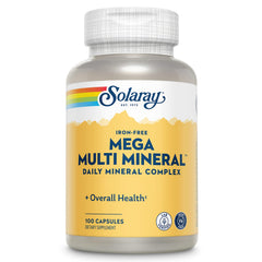 Solaray Mega Multi Mineral bottle front showing iron-free mineral blend for daily wellness.