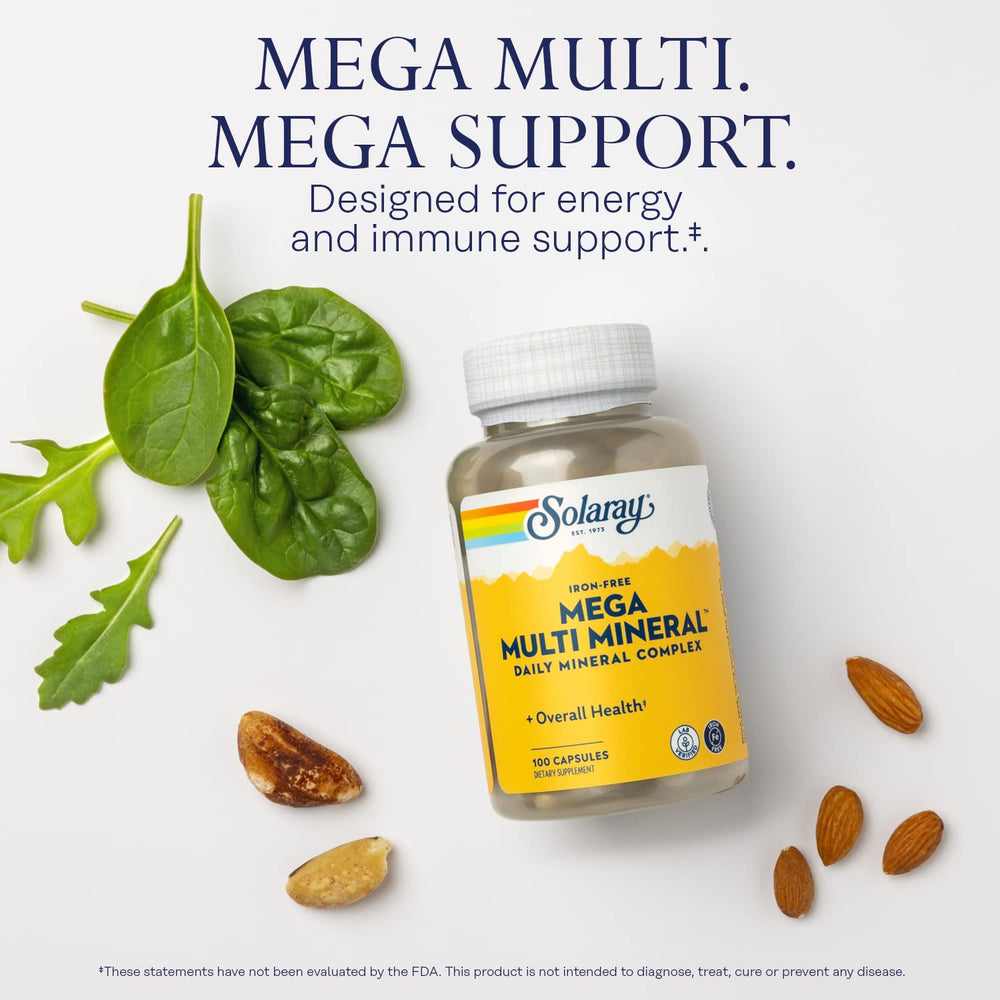 Solaray Mega Multi Mineral ingredients close-up highlighting chelated minerals.