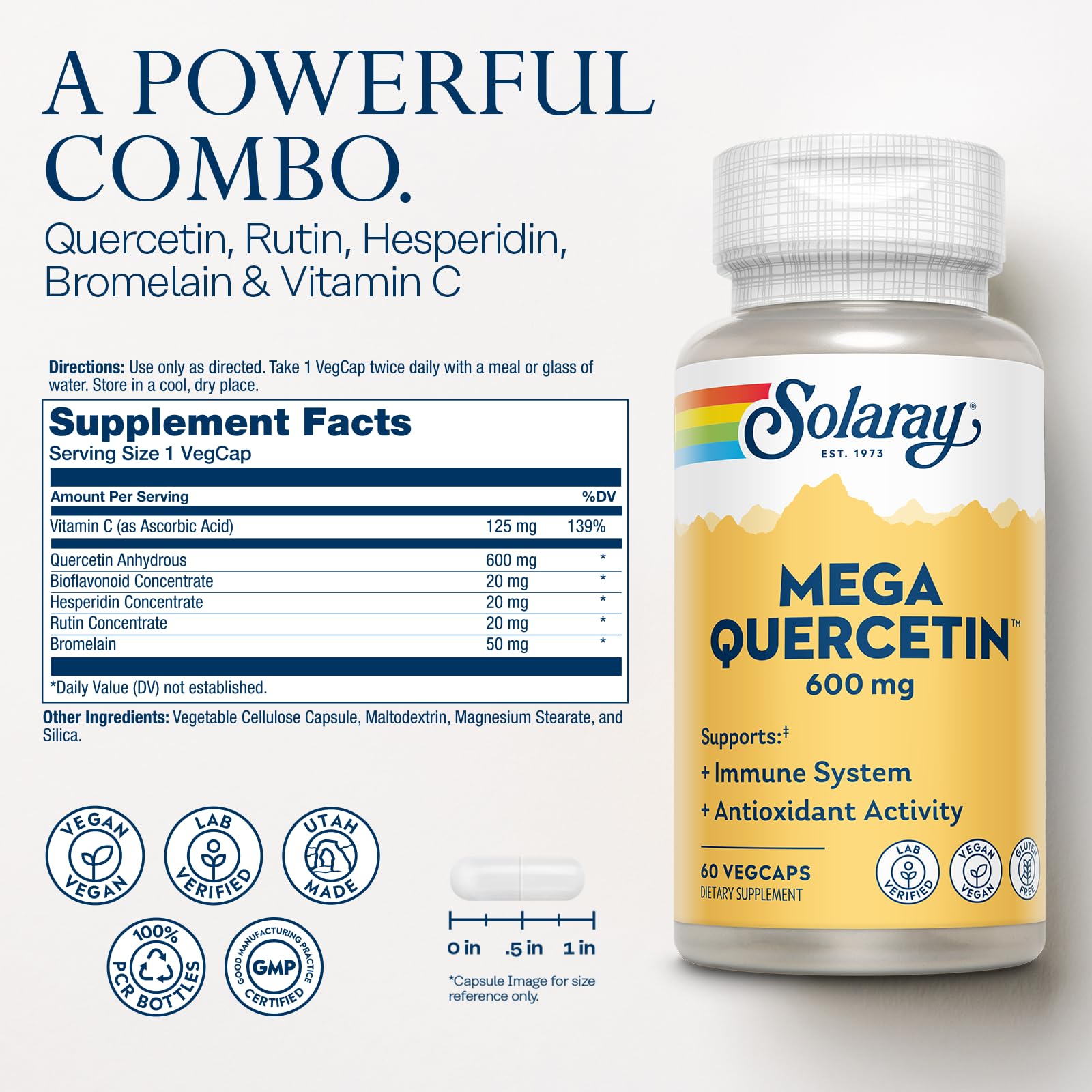SOLARAY Mega Quercetin bottle label close-up highlighting bromelain and vitamin C for antioxidant support