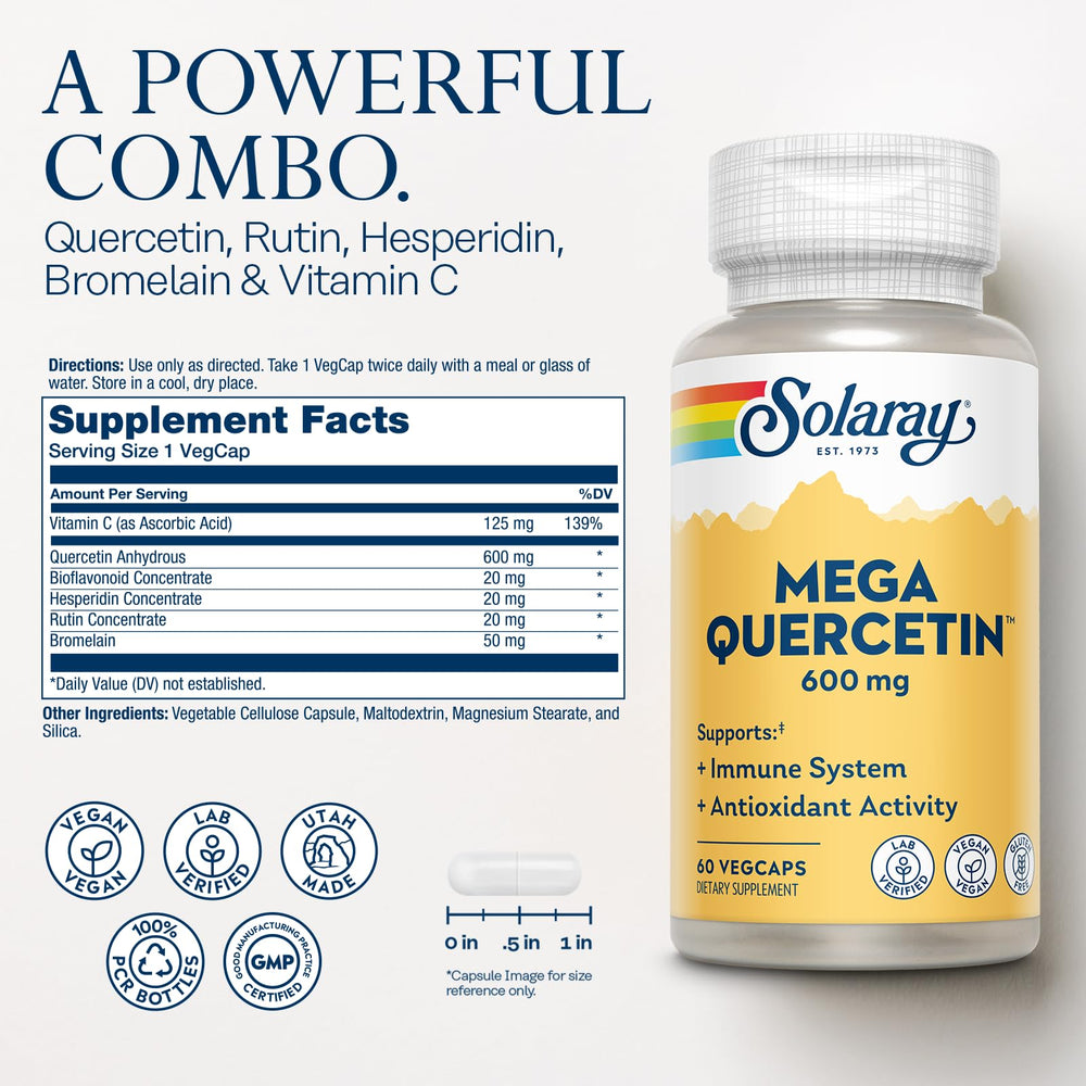 SOLARAY Mega Quercetin bottle label close-up highlighting bromelain and vitamin C for antioxidant support
