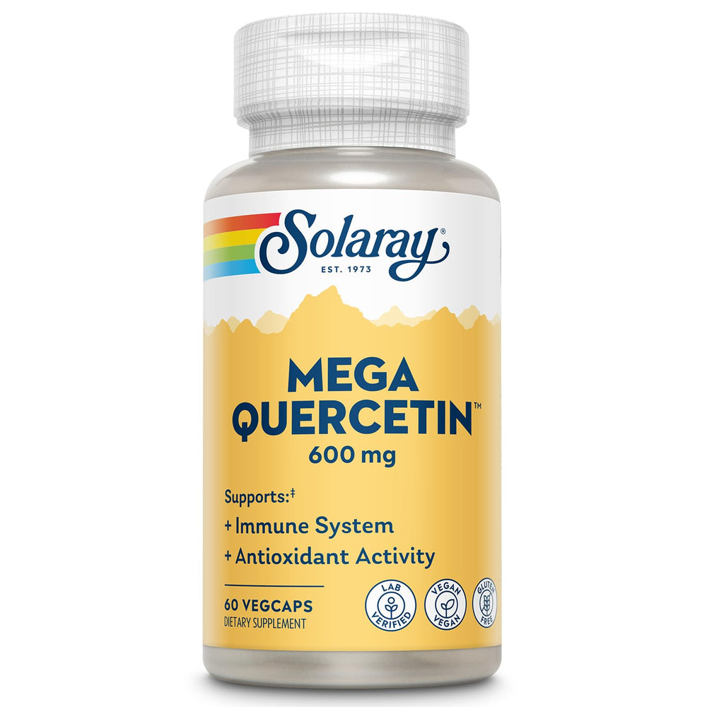 SOLARAY Mega Quercetin bottle with pour spout showing easy daily use and potential immune support