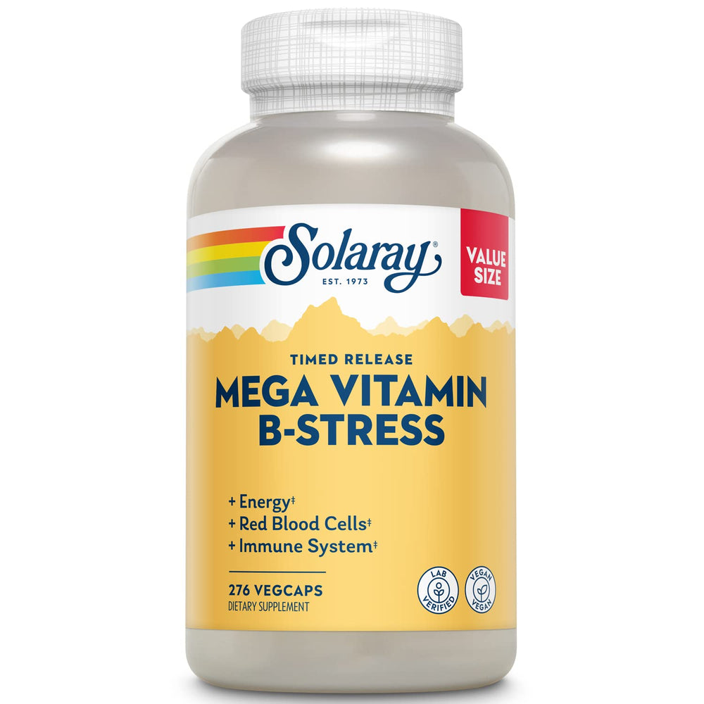 SOLARAY Mega Vitamin B-Stress bottle front view showing branding and size for energy support.