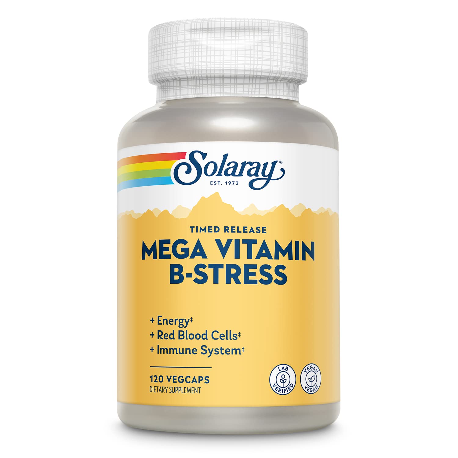 SOLARAY Mega Vitamin B-Stress bottle-front with vegan capsules for daily energy support.
