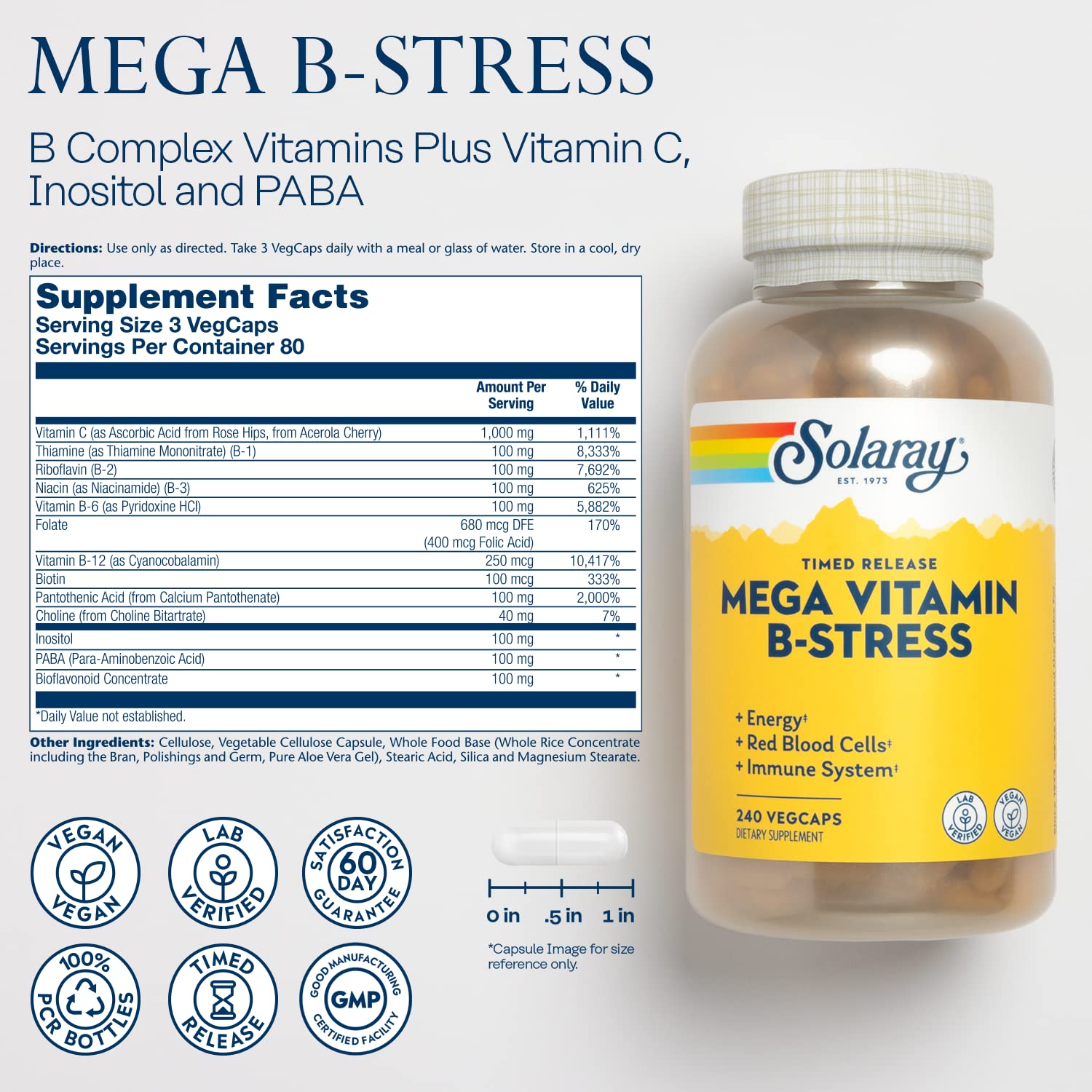 SOLARAY Mega Vitamin B-Stress bottle pour demonstrating quick-release dosing for travel days