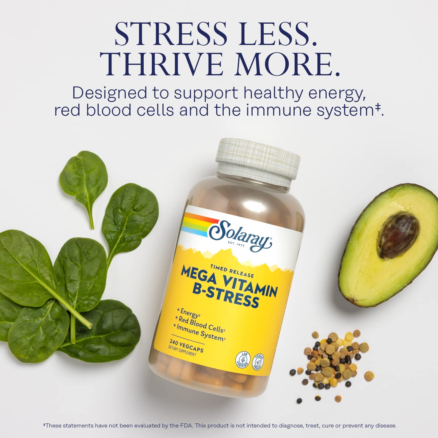 SOLARAY Mega Vitamin B-Stress bottle side highlighting two-stage release for sustained nutrition