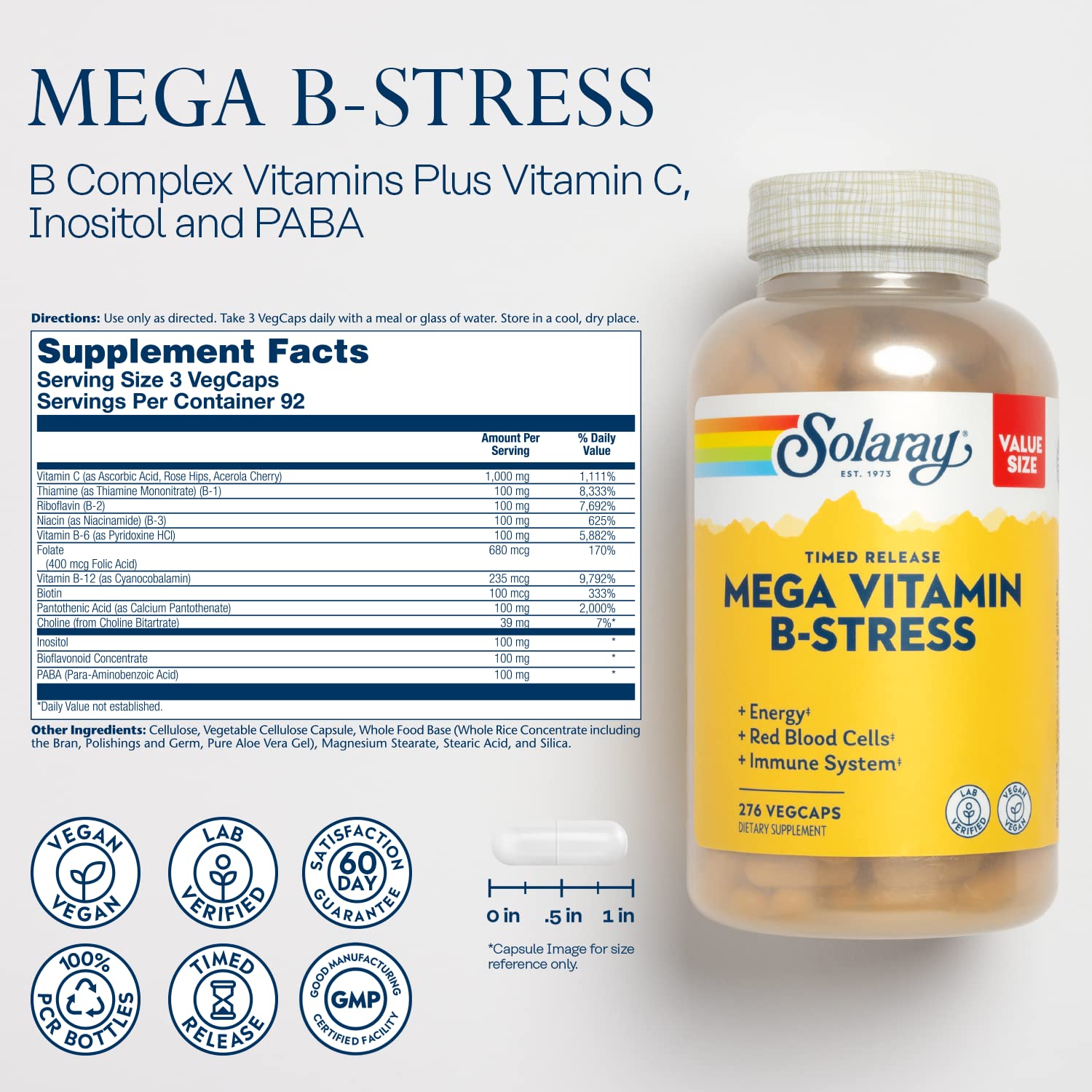 SOLARAY Mega Vitamin B-Stress label closeup highlighting ingredients and potency.