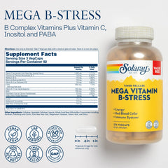 SOLARAY Mega Vitamin B-Stress label closeup highlighting ingredients and potency.