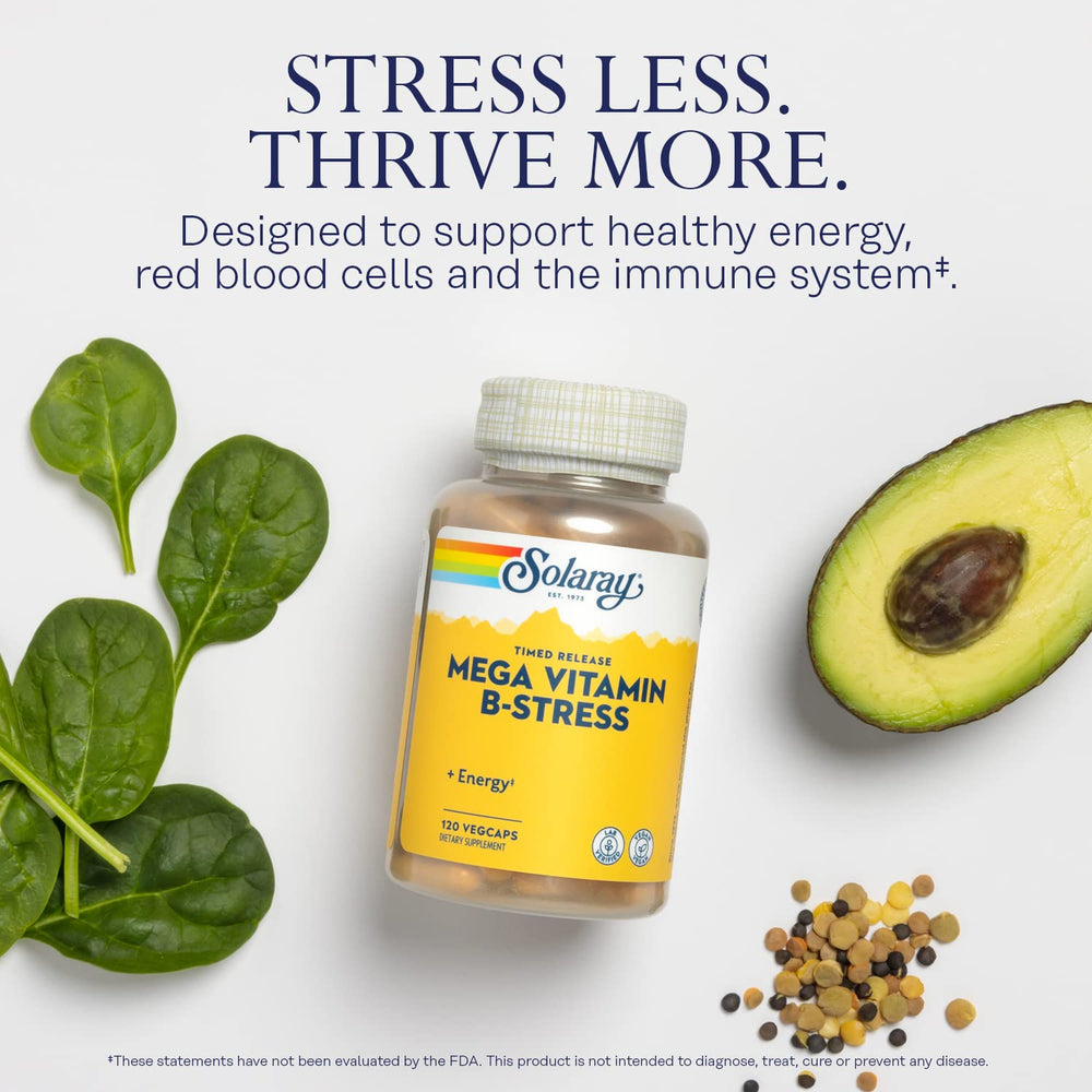 SOLARAY Mega Vitamin B-Stress label details showing vitamin C and B-complex information.
