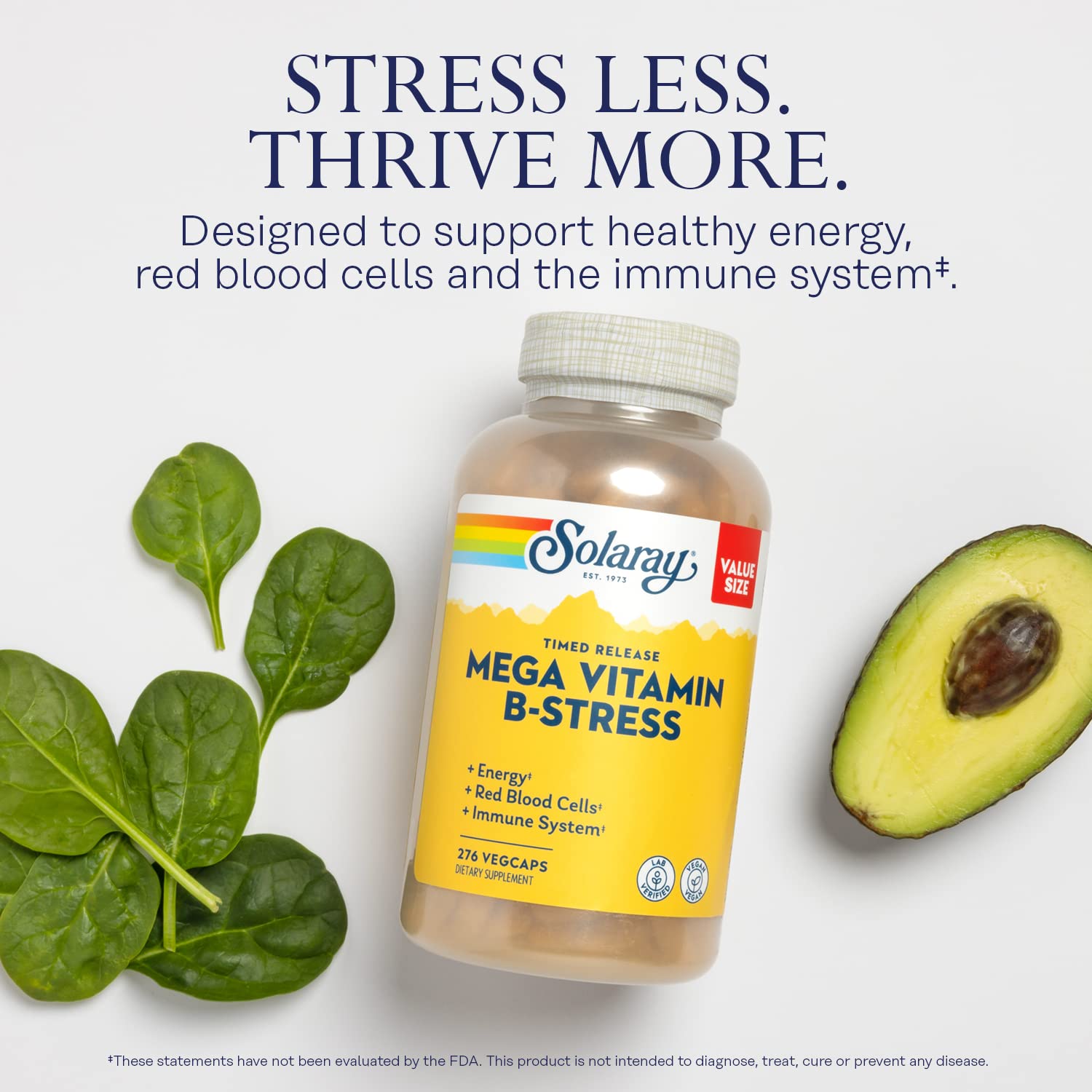 SOLARAY Mega Vitamin B-Stress pills emphasizes compact capsules for daily use.