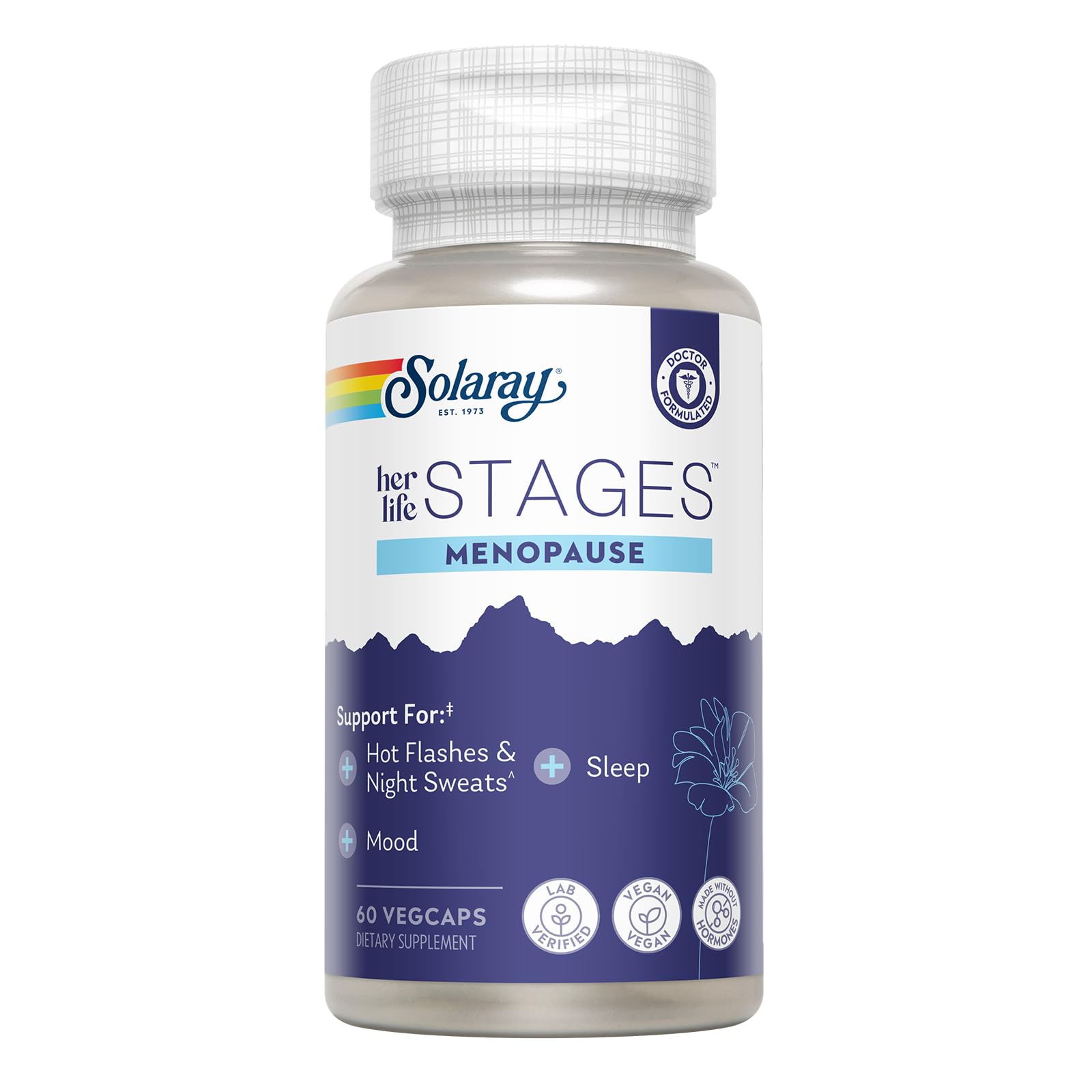 Solaray Menopause Stages bottle, supporting daily balance during menopause with a vegan formula.