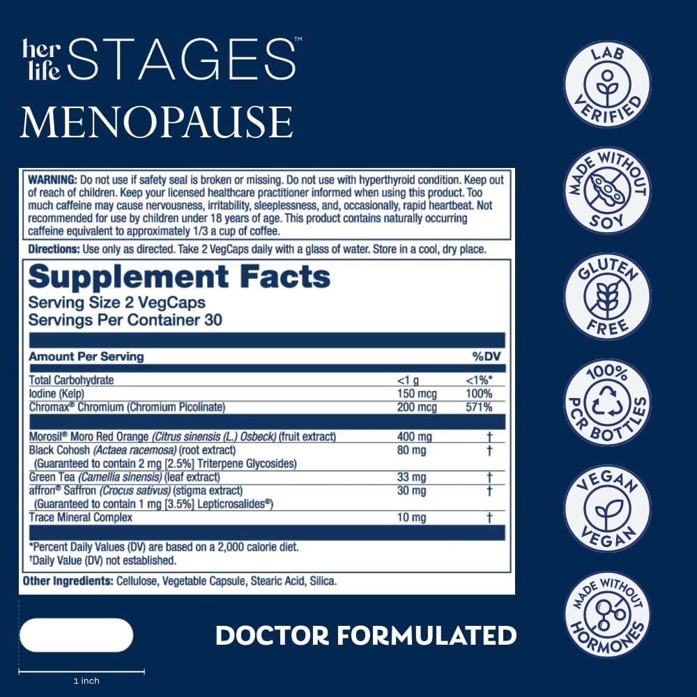 Solaray Menopause Stages capsules closeup, showing easy-to-swallow veggie capsules for relief options.